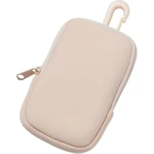 Compact beige zipper pouch with spring hook detail, versatile mini storage case for small items.