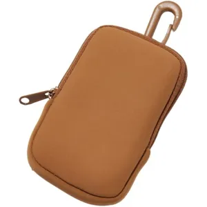 Brown zipper pouch with hook for cosmetic spray, card storage, and coin purse detail.