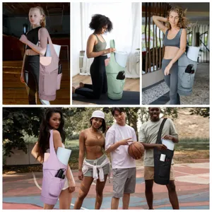 Multi-functional yoga mat bag with water bottle pocket and bottom wet compartment for sports.