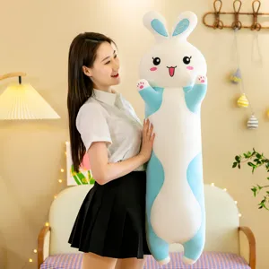 Cute blue and white rabbit plush body pillow detail view, soft cuddling toy for sleeping comfort.