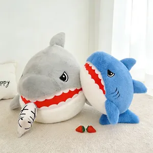 Cute shark plush pillow soft stuffed animal toy biting fish doll for kids bed room decor