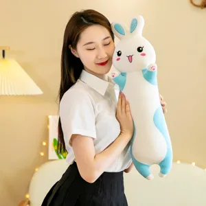 Cute blue and white plush rabbit hugging pillow, soft material, perfect for sleeping and comfort.