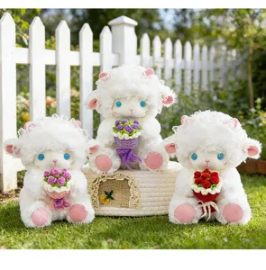 Cute angel sheep plush toy with handmade crochet flower bouquet, soft soothing doll for kids.
