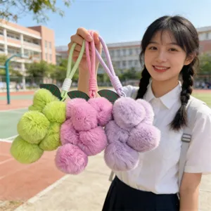 Fluffy plush grape bag charm keychain faux fur cute pompom pendant for women girls