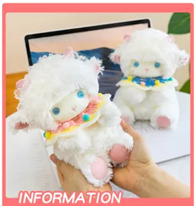 Cute angel lamb plush toy doll with lace bonnet and colorful knitted collar for kids gift.