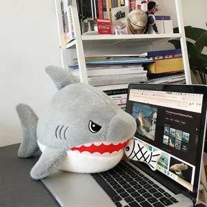 Cute grey shark plush pillow stuffed animal toy with small fish, soft biting doll for kids.