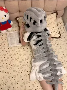 Dinosaur skeleton plush hood and spine costume set, soft toy hat for Halloween cosplay gift.