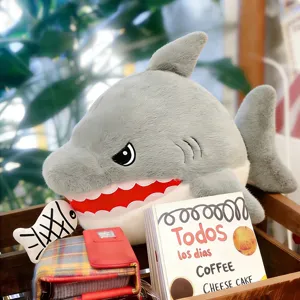 Cute gray shark plush pillow with small fish toy, soft stuffed animal doll for kids gift.