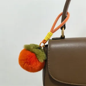 Fluffy persimmon bag charm plush orange pom pom keyring cute handbag accessory decor