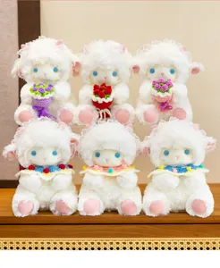 Cute angel little sheep plush toy with crochet flower bouquet, soft soothing lamb doll.