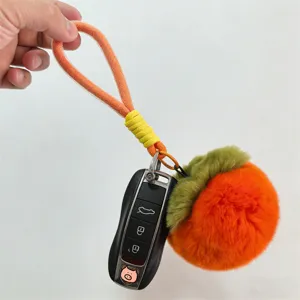 Fluffy persimmon keychain with orange wrist strap cute plush bag charm car key accessory