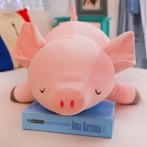 Cute pink sleeping pig plush toy, soft down cotton stuffed animal pillow for kids bedroom decor