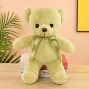 Cute green teddy bear plush toy with ribbon bow, soft stuffed doll for kids gift and home decor