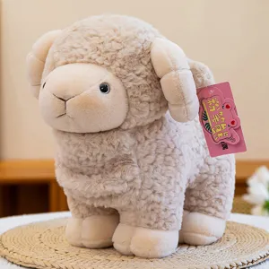 Soft plush lamb toy detail, cute beige stuffed sheep doll with curly horns, premium fluffy fabric.