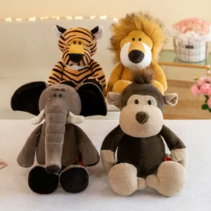 Jungle animal plush toy set featuring cute elephant, monkey, tiger, and lion dolls for kids.