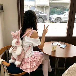 Schattige roze pluche konijnen rugzak voor meisjes, zachte imitatiebont schooltas, lieve stijl.