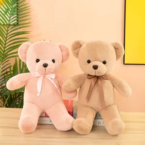 Cute plush teddy bear toy with ribbon bow tie, soft stuffed animal doll for kids gift room decor