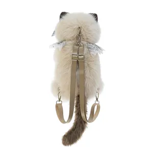 Sac à dos chat en peluche duveteuse avec ailes et queue mignonnes, sac souple pour enfants.
