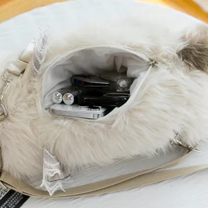 Sac bandouliere chat en peluche moelleux mignon sac epaule avec fermeture eclair.