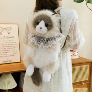 Sac à dos en peluche chat ragdoll duveteux avec col en dentelle, jouet mignon pour enfants.