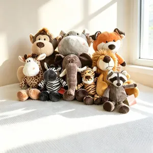 Cute jungle animal plush toys set, soft stuffed toys including lion, elephant, and giraffe.