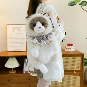 Joli sac à dos en peluche chat ragdoll avec col en dentelle, sac animal en peluche doux pour enfants.