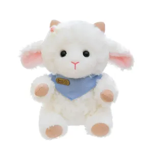 Simpatico peluche di pecora bianca con sciarpa blu, morbida bambola per ragazze e bambini.