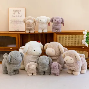 Cute soft lamb plush toy detail view, fluffy stuffed animal doll in various colors and sizes.