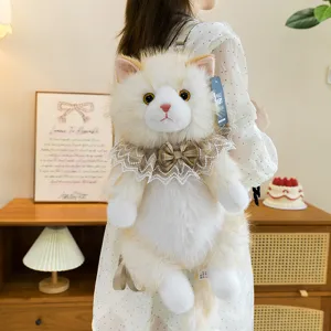 Sac à dos chat en peluche adorable poupée chaton avec col en dentelle douce peluche