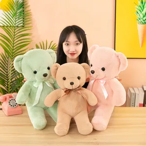 Cute plush teddy bear stuffed animal toy with bow multi-color cute soft doll details view