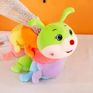Close-up detail of the colorful plush caterpillar toy showing soft fabric and cute facial features.