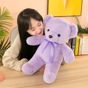 Cute purple teddy bear plush toy with ribbon bow, soft stuffed animal doll for kids gift.