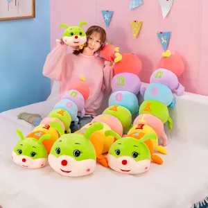 Colorful plush caterpillar detail view, soft hugging pillow for kids and girls in room.