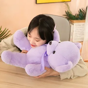 Cute purple teddy bear plush toy with ribbon bow, soft stuffed doll for kids and hugging.