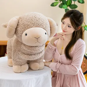 Detail view of the cute fluffy lamb plush toy, soft stuffed animal for kids and companion gift.