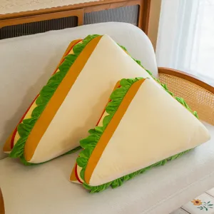 Cozy sandwich plush pillow detail shot showing soft texture and creative food cushion design.