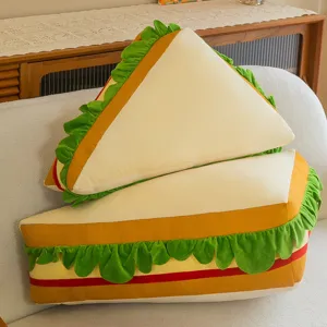 Cute sandwich plush pillow detail shot showing realistic lettuce and bread layers, cozy decor.