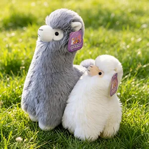 Cute fluffy alpaca plush toys in grey and white, soft stuffed doll for kids room decor.