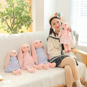 Cute long-eared rabbit plush toy doll with dress soft soothing companion pillow gift for girls