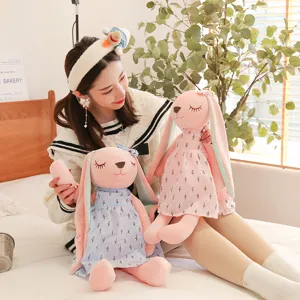 Cute long-ear plush rabbit toy detailed view, soft comforting pillow, girl gift.