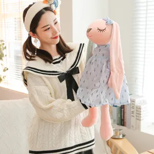 Cute long-eared rabbit plush toy detail view, soft bunny hugging pillow for girls gift.