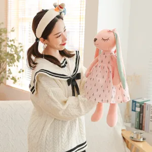 Cute long-eared plush rabbit doll sleeping pillow, soft stuffed animal gift for girls.