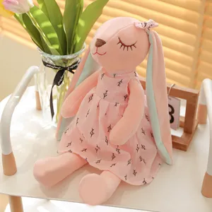 Cute pink long ear plush bunny with sweet dress and bow, soft stuffed rabbit doll for girls gift.