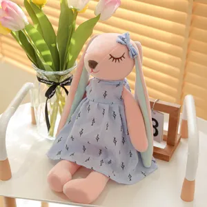 Cute long ear plush bunny doll in a blue dress, soft stuffed animal toy for girls gift.