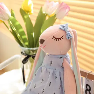 Cute long ear plush rabbit toy with blue floral dress, soft soothing pillow for girls.