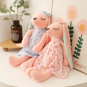 Cute long-eared rabbit plush toy, soft stuffed animal hugging pillow with sweet dress for girls gift.