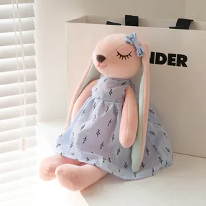 Cute long-eared rabbit plush toy with floral dress, soft stuffed bunny pillow for girls gift.