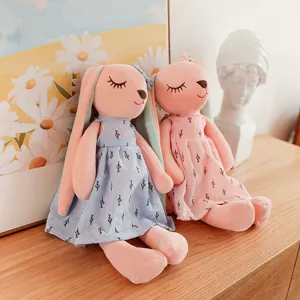 Cute long-ear plush rabbit toy set, soft stuffed animal doll with pretty floral dress, nice gift.