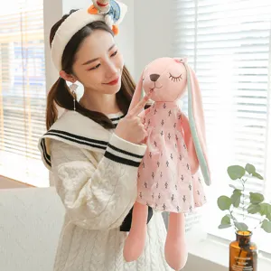 Cute pink long-eared bunny plush toy with floral dress soft doll companion gift for girls