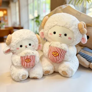 Cute sitting sheep plush toy holding popcorn bucket stuffed doll girl birthday gift
